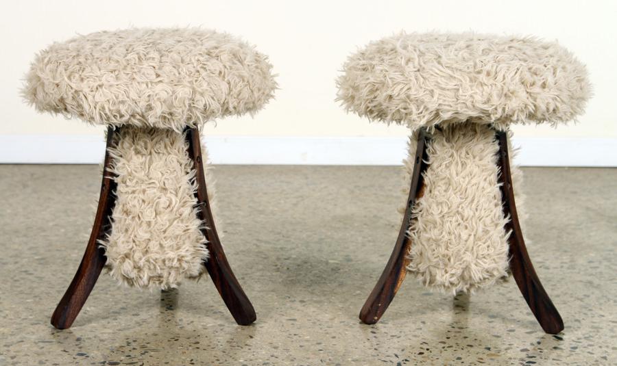 PAIR CONTEMPORARY FOOT STOOLS SHAGGY UPHOLSTERY (1 of 4)