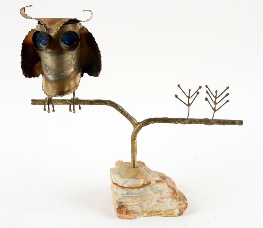 SIGNED CURTIS JERE BRASS OWL SCULPTURE ONYX BASE (1 of 7)