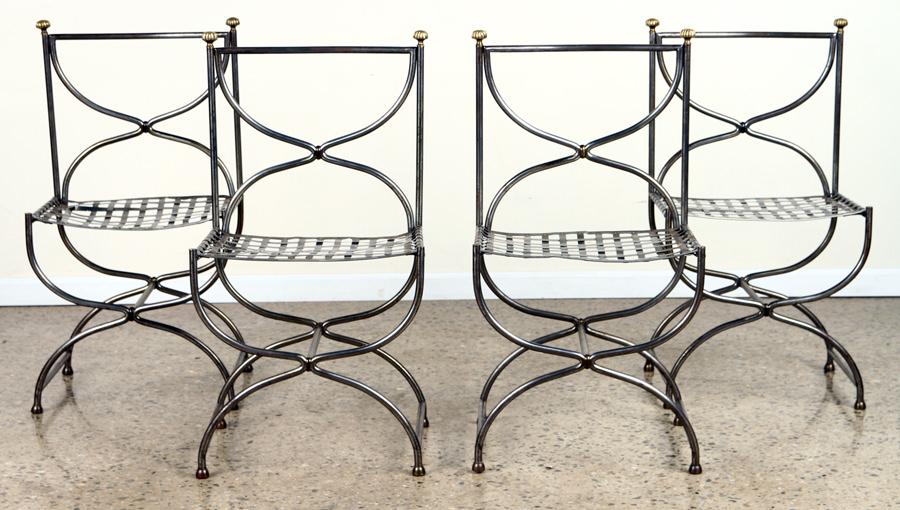 SET 4 BRASS STEEL SIDE CHAIRS MANNER JANSEN C1970: A set of four brass and steel side chairs in the manner of Maison Jansen circa 1970. Ht: 35" Wd: 18.5" Dpth: 16.5" Seat: 17.5"