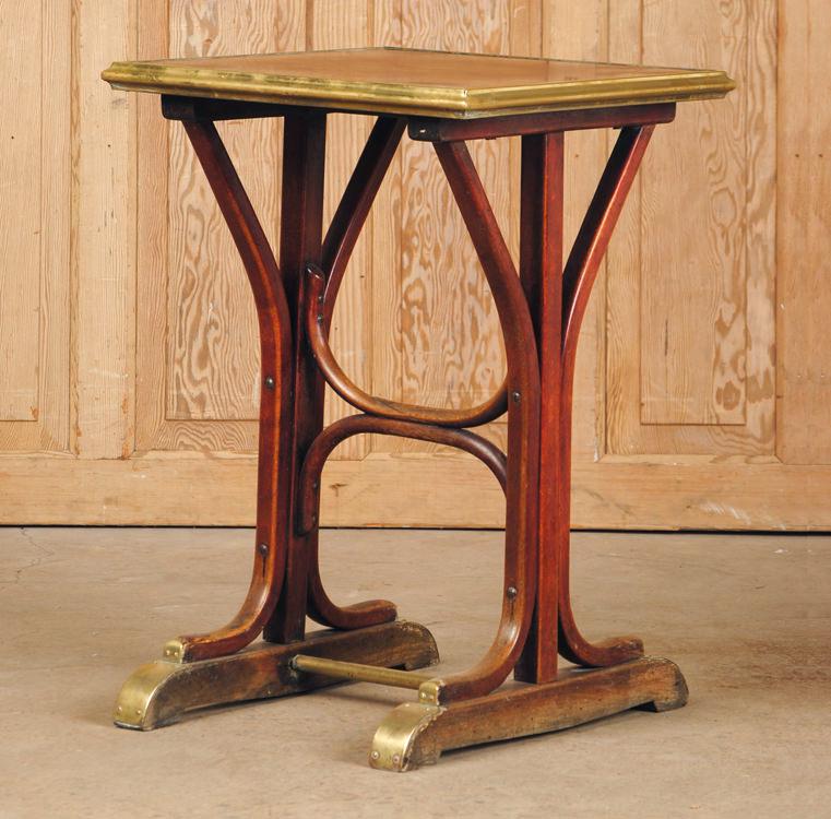 FRENCH BENTWOOD BRASS BISTRO TABLE STONE TOP 1930: A rare French bentwood and brass bistro table having an unusual stone top circa 1930. Ht: 29.5" Wd: 20.5" Dpth: 20.5"