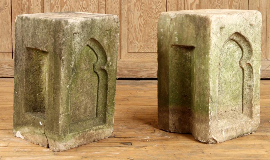 PAIR ANTIQUE GOTHIC STYLE CARVED MARBLE PEDESTALS: A pair of antique Gothic style carved marble garden pedestals. Ht: 20" Wd: 12" Dpth: 12"