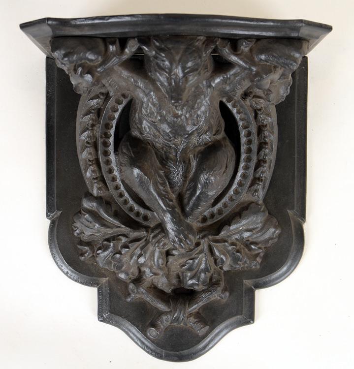 RARE 19TH CENTURY SIGN WALL BRACKET OF BEAR PHILA: A rare nineteenth century American cast iron wall bracket in the form of a bear, stamped Wood and Perot, Philadelphia. Ht: 14" Wd: 11" Dpth: 9"