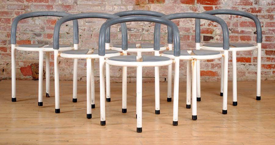 SET 6 IRON RUBBER DANISH CHAIRS BY FRITZ HANSEN: A set of six iron and rubber Danish chairs by Fritz Hansen circa 1987. Labeled and dated. Ht: 27.5" Wd: 20" Dpth: 17" Seat: 17"