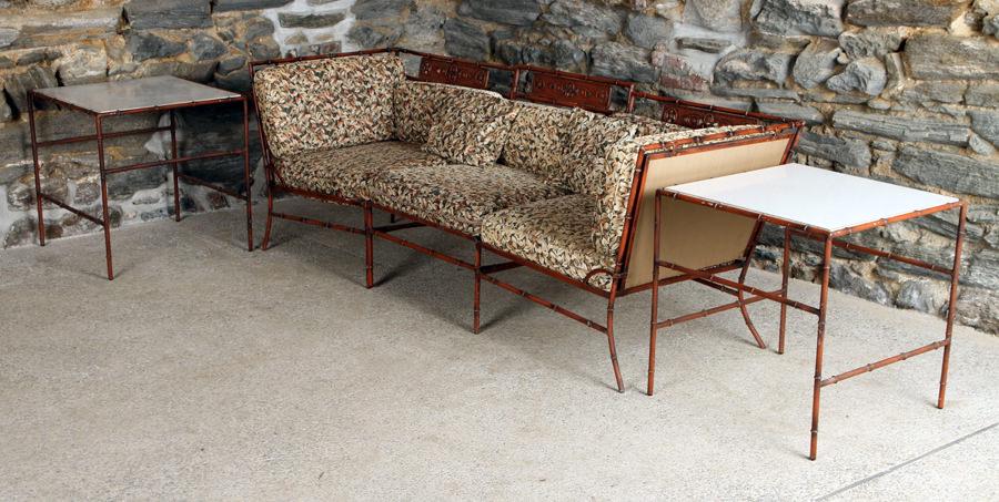 SALTERINI STYLE WROUGHT IRON GARDEN OR PORCH SET: A Salterini style painted wrought iron garden or porch set having upholstered cushions. Consisting of three modular chairs and two matching tables. Corner chair: 29" x 28" x 30" Center chair: 29" x 24