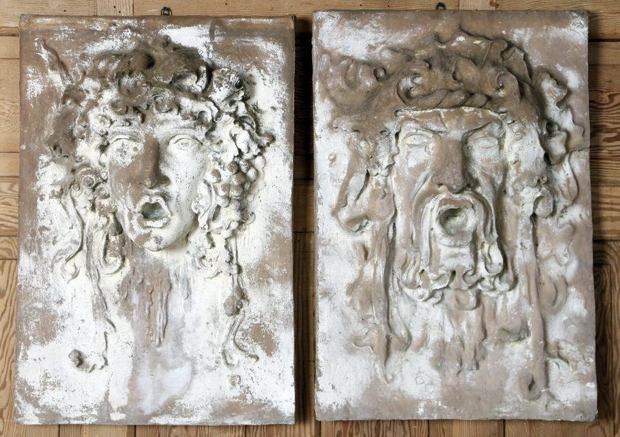 PAIR WALL MOUNT FIBERGLASS MYTHOLOGICAL FACES: A pair of wall mount fiberglass mythological faces. Ht: 29" Wd: 19.5"