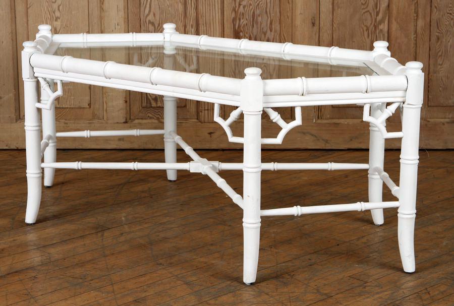PAINTED CHINESE CHIPPENDALE STYLE COFFEE TABLE: A painted white faux bamboo Chinese Chippendale style coffee table. Ht: 20" Wd: 51" Dpth: 24"