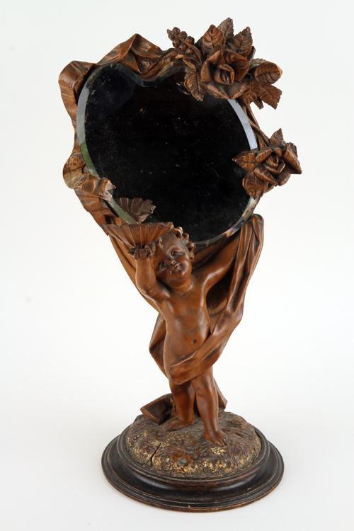 CARVED FRUITWOOD DRESSING MIRROR CHERUB C. 1890 (1 of 7)