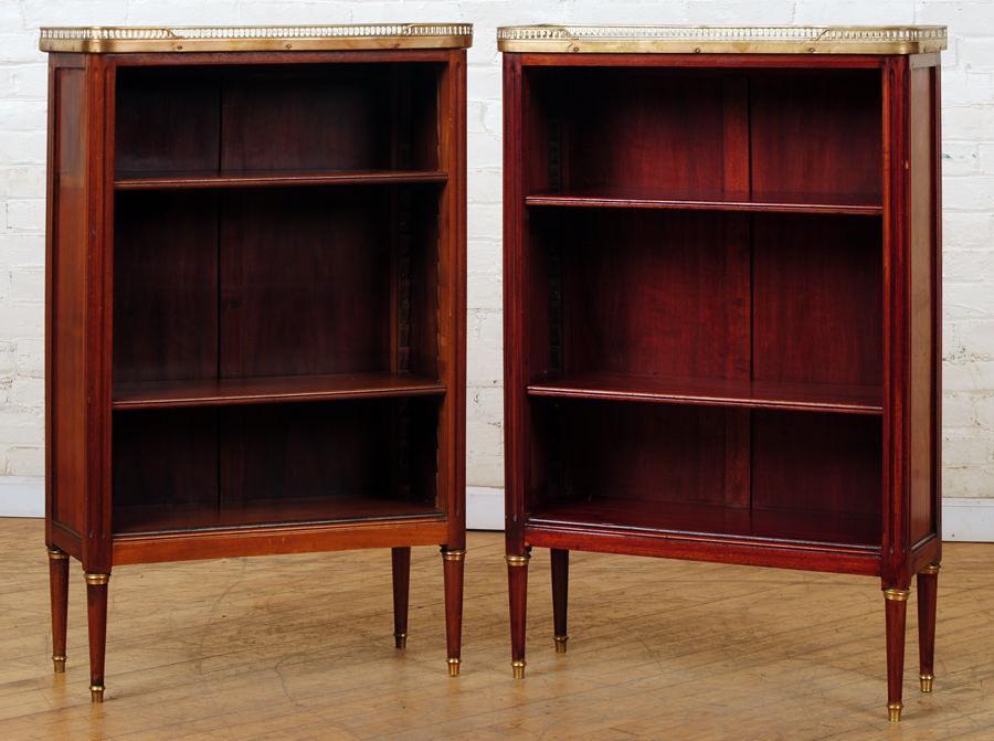 PAIR FRENCH MAHOGANY MARBLE TOP OPEN BOOKCASES (1 of 6)