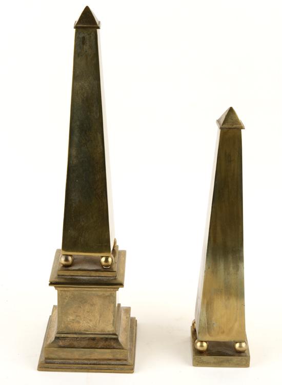 PAIR OF BRONZE OBELISKS ONE WITH PLINTH BASE: A pair of bronze obelisks with one having plinth base. Ht: 21.5" and Ht: 16.25"