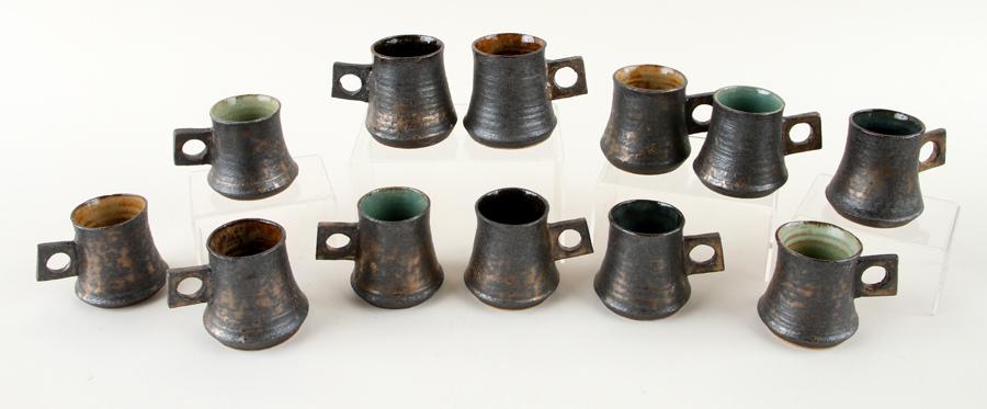 SET 12 MID CENTURY MODERN ART POTTERY MUGS C.1970 (1 of 6)