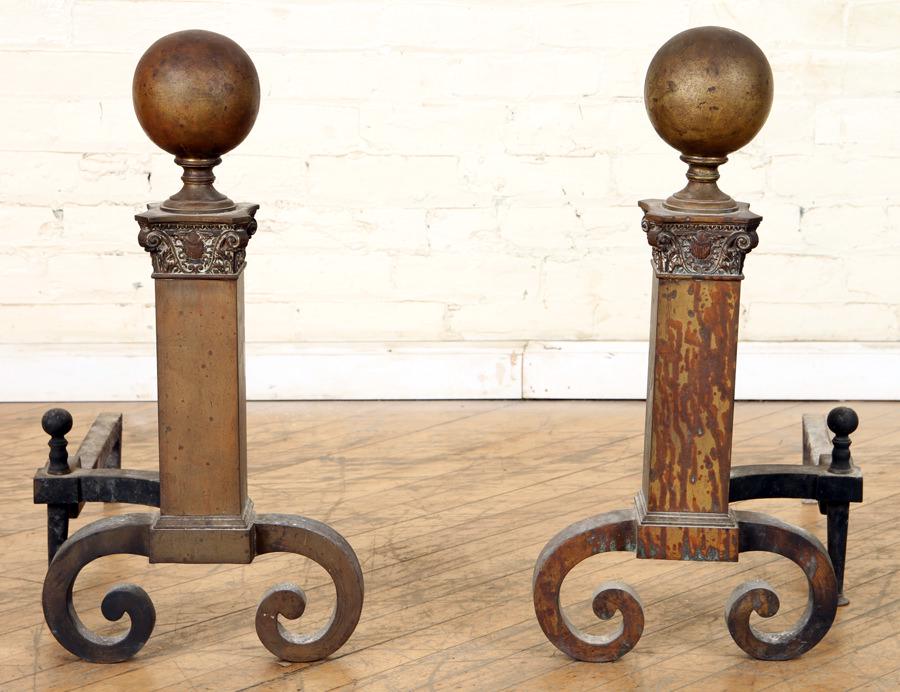 PAIR OF BRASS BALL TOP ANDIRONS CIRCA 1910 (1 of 4)