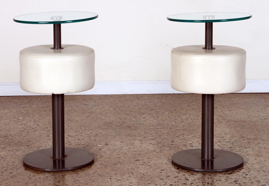 PAIR IRON GLASS UPHOLSTERED END TABLES C.1950 (1 of 5)