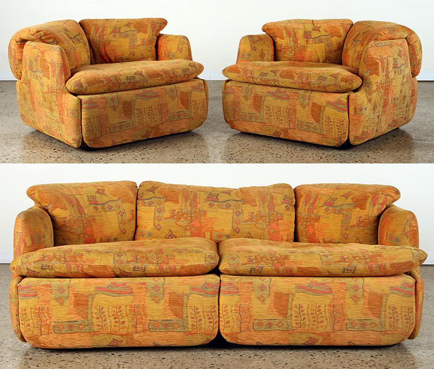 THE CONFIDENTIAL BY ALBERTO ROSSELLI SOFA CHAIRS: "The Confidential" by Alberto Rosselli for Saporiti A sofa and a pair of chairs done in Missoni fabric. Sofa: 24" x 65" x 32" Chair: 24" x 36" x 32"