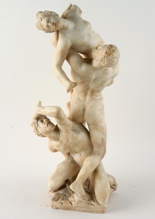 CARVED ALABASTER FIGURAL GROUP AFTER GIAMBOLOGNA: A carved alabaster figural group after Giambologna's Abduction of a Sabine Woman, unsigned. Ht: 29" Wd: 13" Dpth: 12"