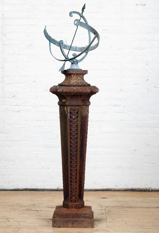 VICTORIAN CAST IRON PEDESTAL W/ BRONZE ARMILLARY: A late Victorian cast iron pedestal with a bronze armillary. Base signed Smyser Royer Co. Philadelphia. Ht: 66"