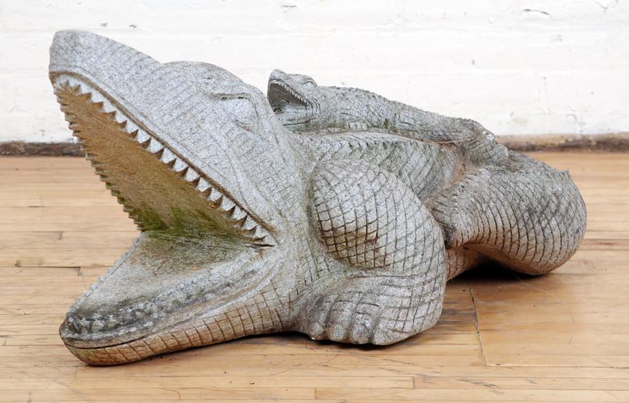 CARVED GRANITE ALLIGATOR & BABY STATUE: A carved granite garden statue of an alligator with baby riding on its back. Ht: 16.5" Wd: 19" Dpth: 37.5"