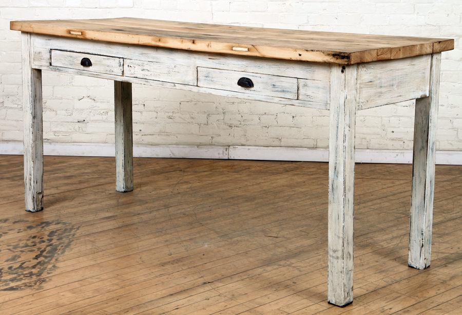 PAINTED WORK TABLE 2 DRAWERS NATURAL WOOD TOP: A painted work table having two drawers and a natural wood top. Ht: 36" Wd: 76" Dpth: 29"