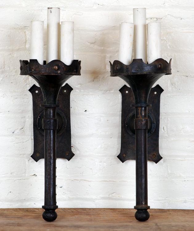 PAIR GOTHIC STYLE FIVE LIGHT WALL SCONCES C.1930: A pair of Gothic style five light wall sconces circa 1930. Having painted metal candle sleeves. Ht: 26" Dpth: 9"