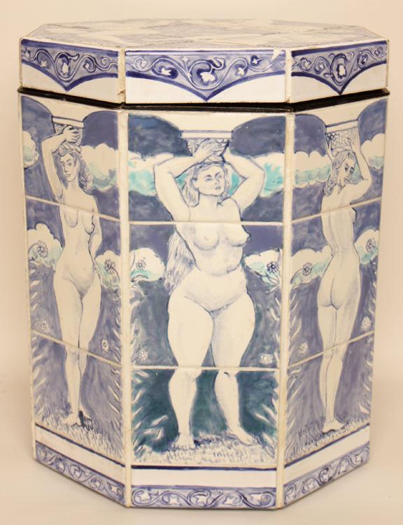 FRANCIS MCCARTHY PAINTED CERAMIC LIDDED CABINET: Francis McCarthy (American, 1923-2005) An octagonal form painted ceramic lidded cabinet decorated with standing female nudes. Provenance: Private collection of Benjamin & Deborah Mangel, Mangel Galler