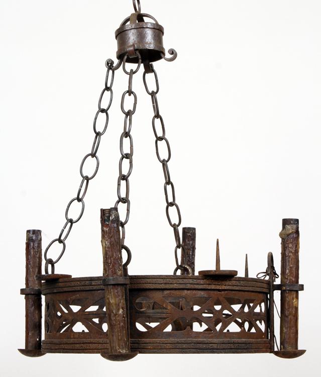FRENCH GOTHIC STYLE WROUGHT IRON CHANDELIER 1910: A French Gothic style wrought iron chandelier circa 1910. Wd: 26"