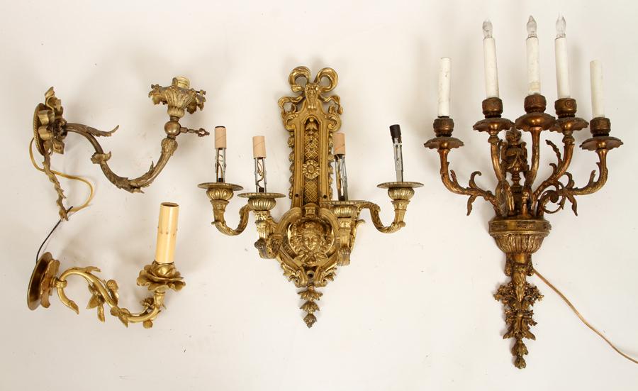 FRENCH BRONZE SCONCE ALONG WITH 3 OTHER SCONCES: A good French bronze Louis XV style four arm sconce along with two bronze single arm sconces and a five arm white metal sconce. Ht: 19" Wd: 14.5" (four arm)