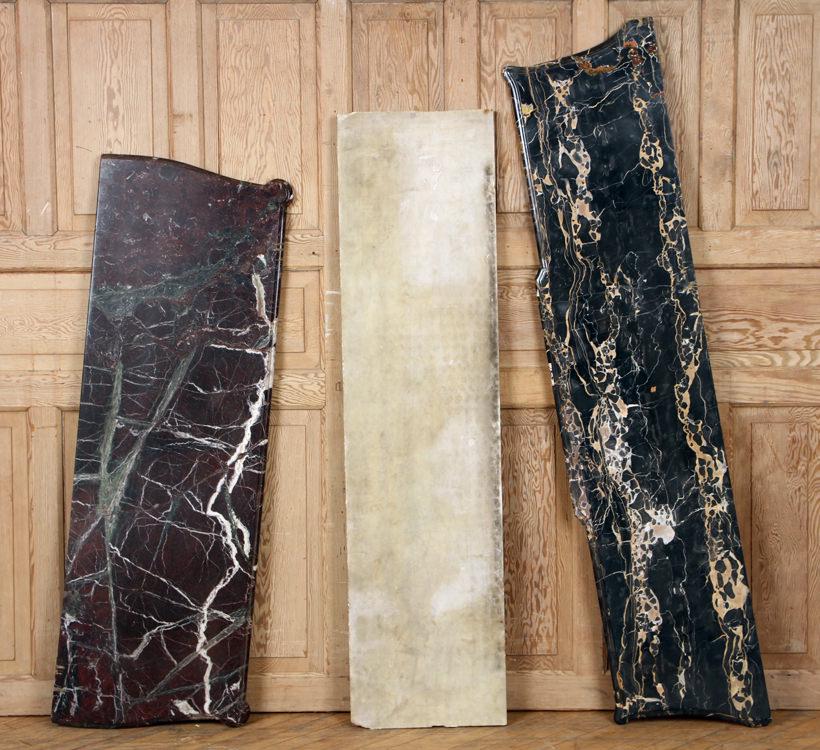 THREE PIECES OF MARBLE: A lot of three pieces of marble. To include: 1) Black and gold: 73" x 16.25" x 1.0625 2) Rouge: 59" x 19.5" x 1.25" 3) White: 63" x 16" x 1.25"