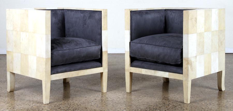 PAIR PARCHMENT COVERED CUBE FORM CLUB CHAIRS (1 of 6)
