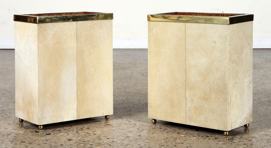 PAIR BRASS & PARCHMENT OAK WASTE BASKETS (1 of 5)