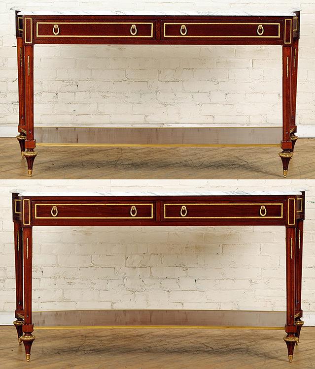 PAIR JATOBA WOOD & BRONZE CONSOLE TABLES (1 of 8)