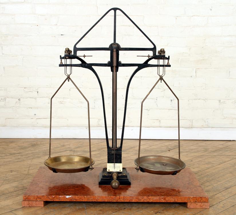 MARBLE BRASS AND IRON SCALE WITH SET OF WEIGHTS (1 of 10)