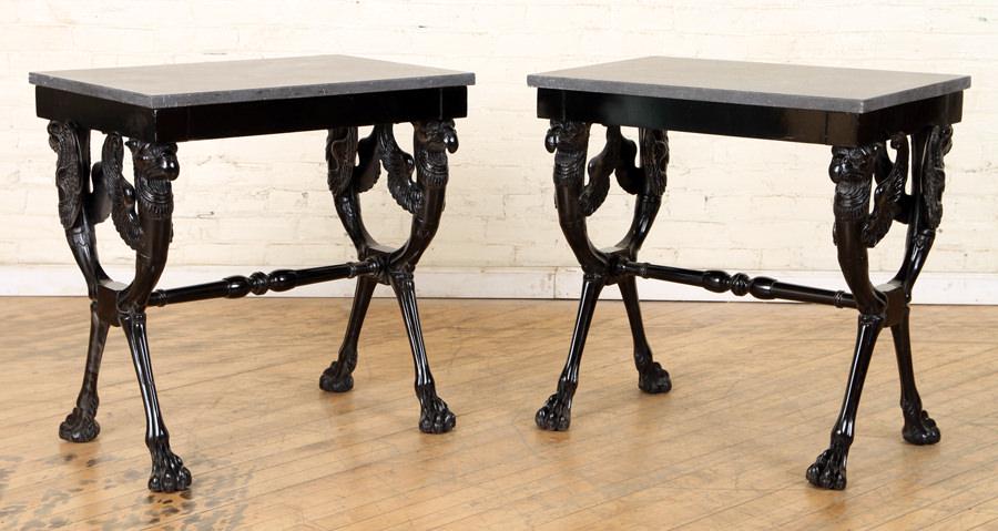 PAIR CARVED EBONIZED MARBLE TOP END TABLES (1 of 7)