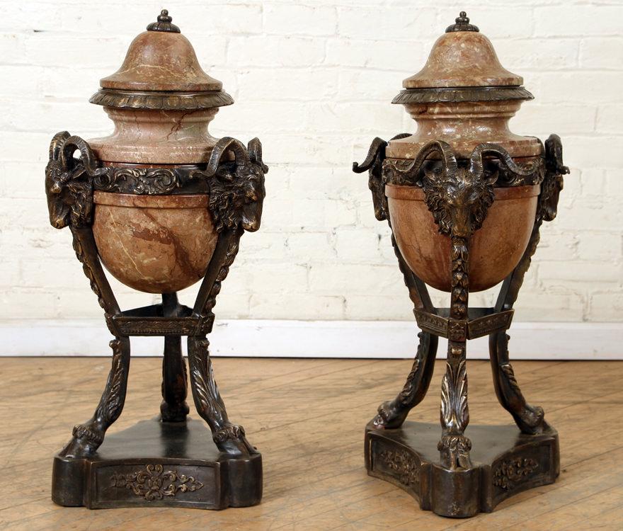 LARGE PAIR BRONZE MABRLE COVERED URNS RAMS HEAD (1 of 5)