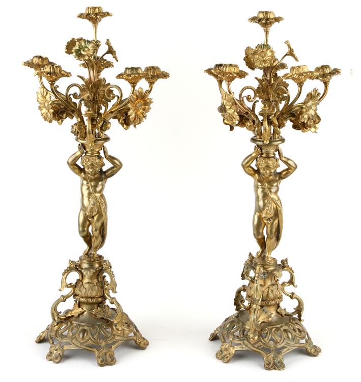 PAIR 19TH C. FRENCH FIGURAL BRONZE CANDELABRA (1 of 8)