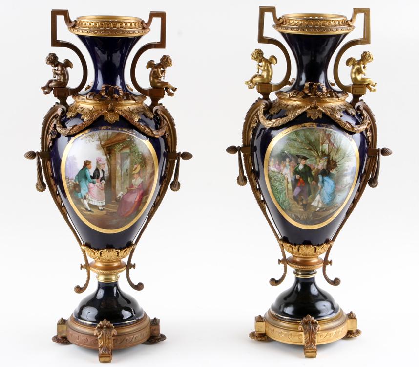 PAIR 19TH C FRENCH SEVRES STYLE COBALT VASES (1 of 9)