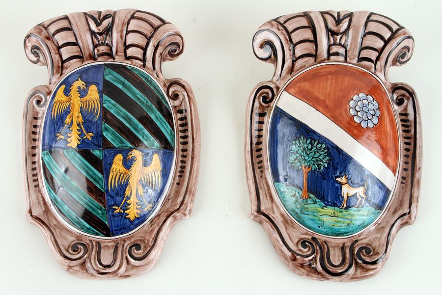 PAIR PAINTED ITALIAN MAJOLICA SHIELD FORM PLAQUES (1 of 7)