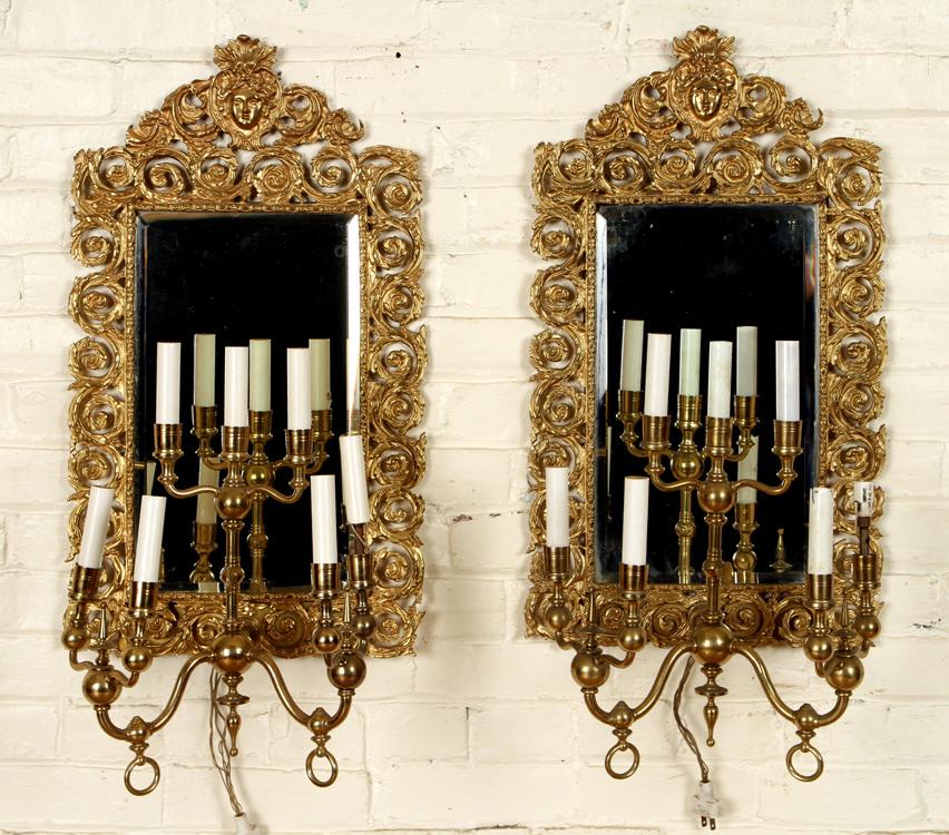 PAIR BRASS MIRRORED WALL SCONCES 7 LIGHTS (1 of 5)