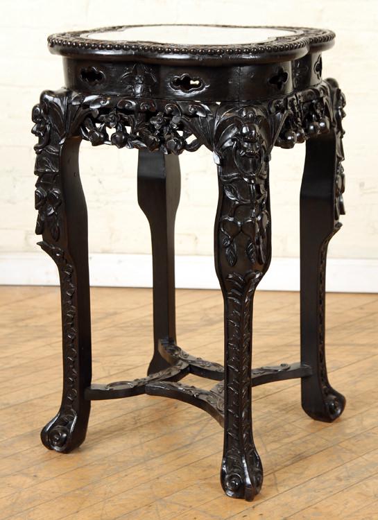 CHINESE CARVED ROSEWOOD PEDESTAL MARBLE TOP C1900 (1 of 4)