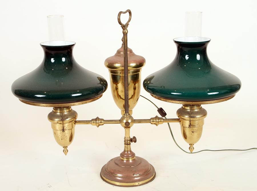 BRASS DOUBLE ARM STUDENT LAMP GLASS SHADES C.1880 (1 of 6)