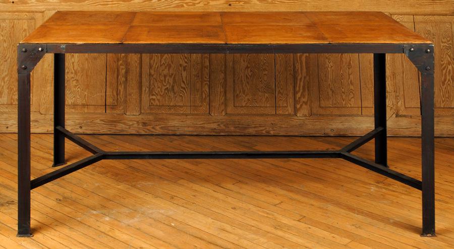 IRON AND OAK PARQUETRY TABLE: An iron and oak parquetry table with old wood to top. Ht: 31.75" Wd: 66" Dpth: 33.5"
