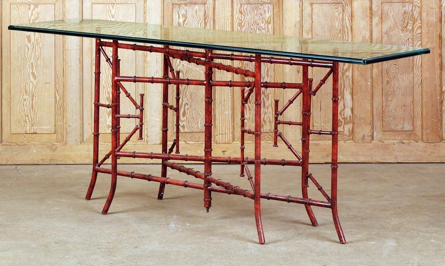 IRON FAUX BAMBOO TABLE WITH ETCHED GLASS TOP (1 of 6)