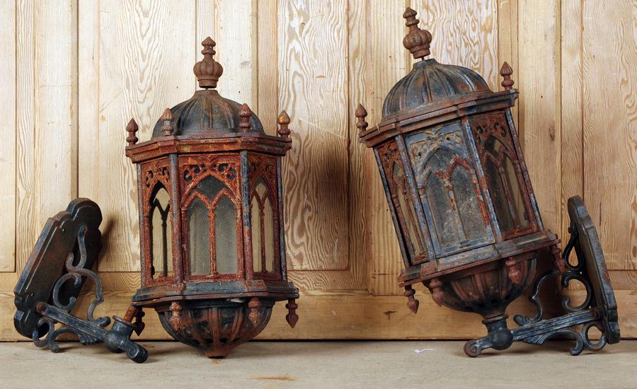 PAIR OF GOTHIC STYLE CAST IRON WALL LANTERNS (1 of 6)