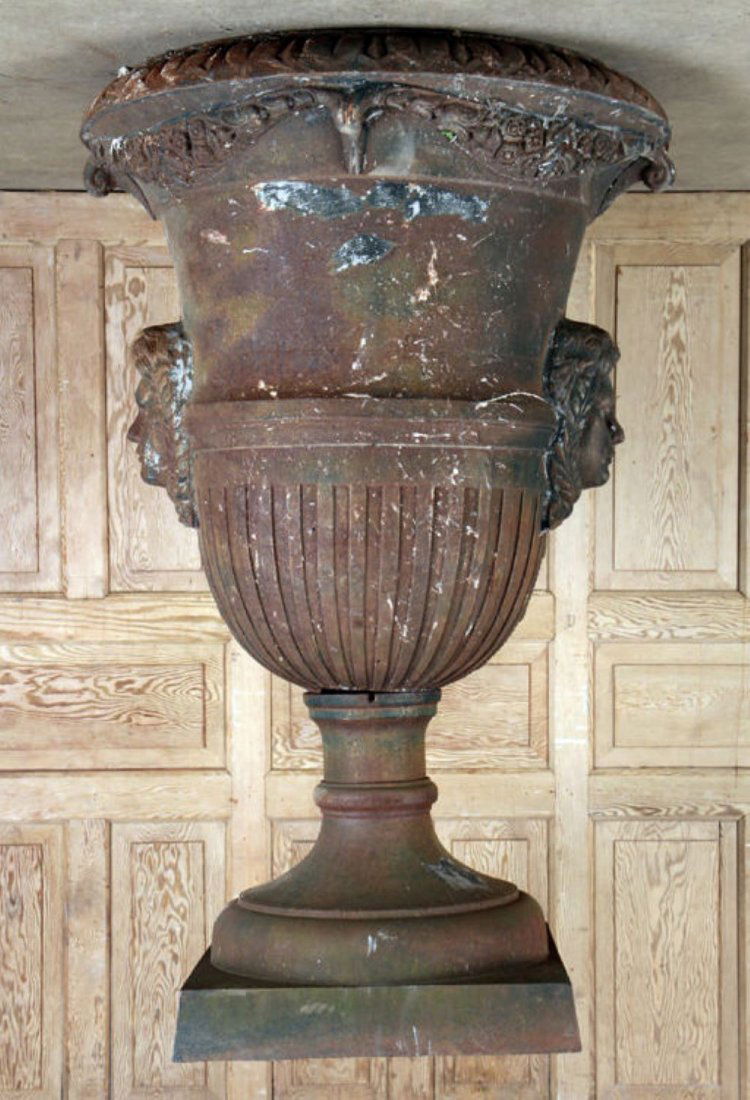 LARGE CAST IRON GARDEN URN WITH CLASSICAL MASKS (1 of 6)