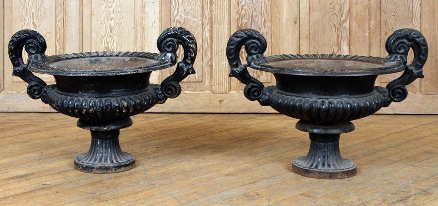 PAIR CONTINENTAL 19TH C. CAST IRON GARDEN URNS (1 of 5)