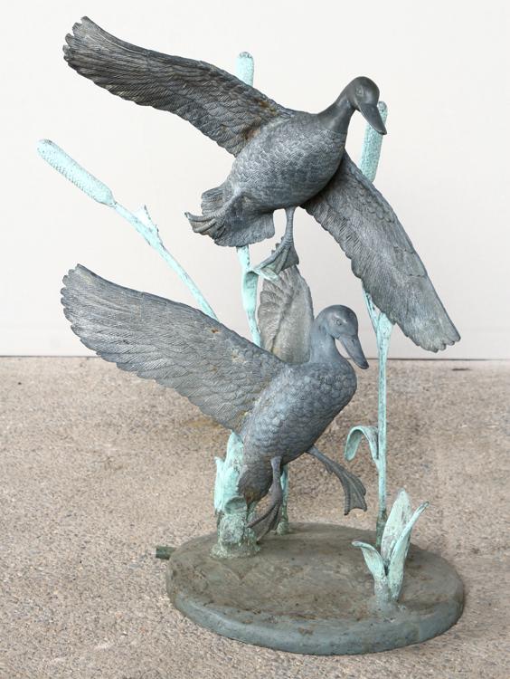 BRONZE GARDEN FOUNTAIN BIRDS FLYING OUT OF MARSH: A bronze garden fountain depicting birds flying out of a marsh. Ht: 28"