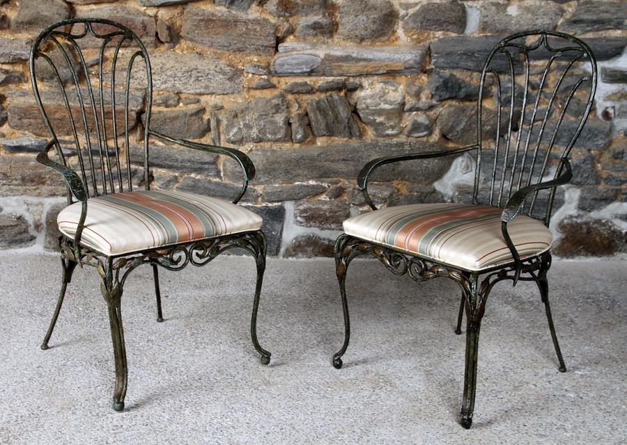 PAIR WROUGHT IRON OPEN ARM GARDEN CHAIRS (1 of 7)