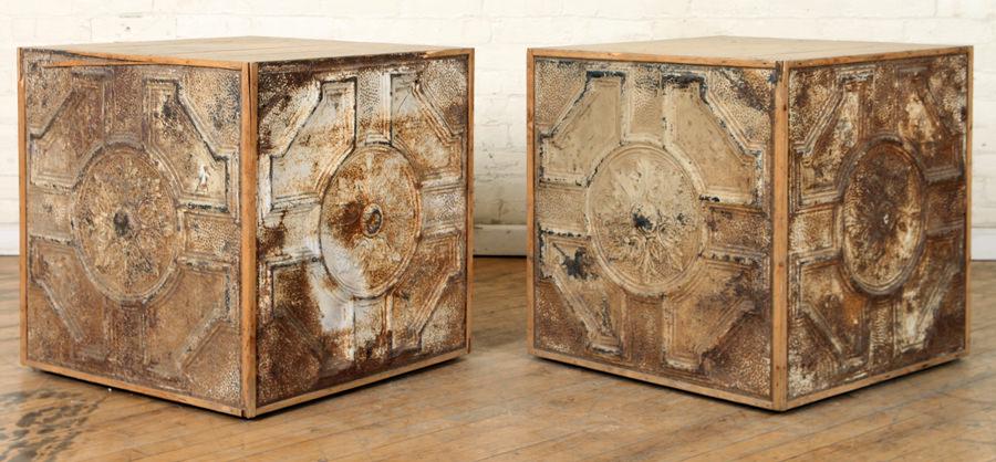 PAIR PEDESTALS MADE OF VINTAGE TIN CEILING PANELS (1 of 6)