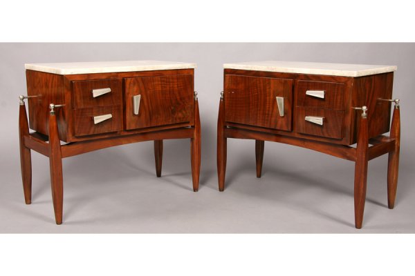 PAIR MODERN END TABLES MARBLE TOPS DRAWERS: Pair of modern end tables with marble tops circa 1960. Having two drawers and one door supported on turned and tapered legs. Ht: 22 Width: 23" Depth: 13.5" ***PLEASE NOTE: All property shall be paid f