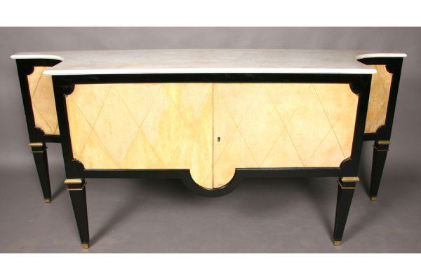 VINTAGE FRENCH PARCHMENT EBONIZED SIDEBOARD: Highly stylized French ebonized and parchment covered sideboard in the manner of Andre Arbus molded marble top circa 1940. Doors with gilt diamond pattern flanked by concave sides, bronze mounted tape
