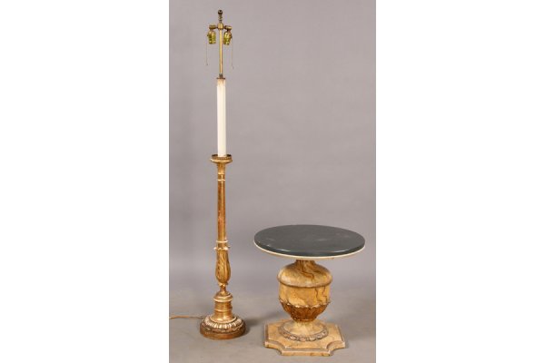 VINTAGE FLOOR LAMP SLATE TOP OCCASIONAL TABLE: A carved and gilt decorated standing floor lamp and a round faux marbelized occasional table with slate top circa 1940. TWO PIECE LOT. Measurements below refer to lamp. Table measures 19.5H X 2"Dia. H