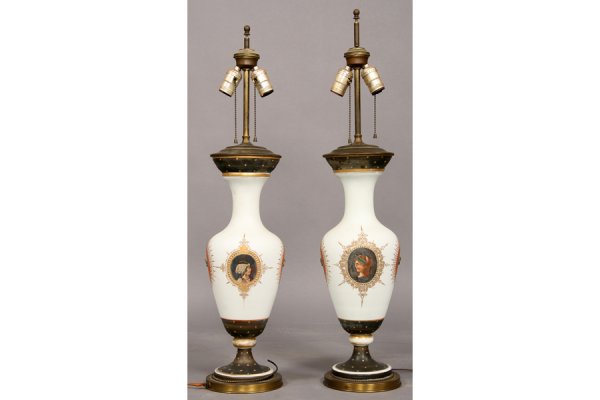 PR FRENCH ENAMEL GLASS HAND PAINTED TABLE LAMPS: Pair of French enamel glass table lamps with hand painted medallions and applied cameos on the sides circa 1920. Modern shades. Ht: 31 ***PLEASE NOTE: All property shall be paid for by the purchaser w